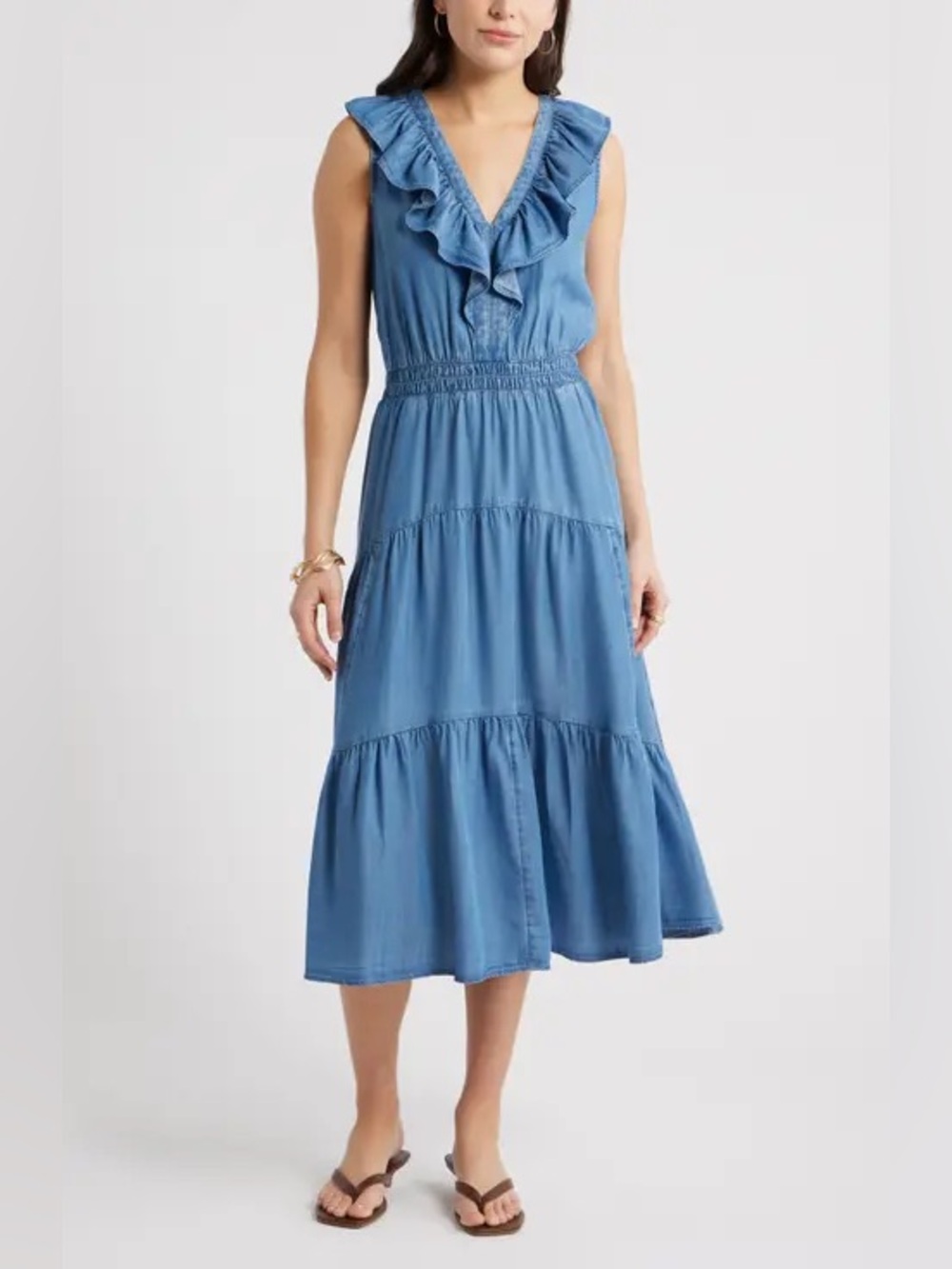 Caslon Ruffle Sleeveless Chambray Dress Sz XS